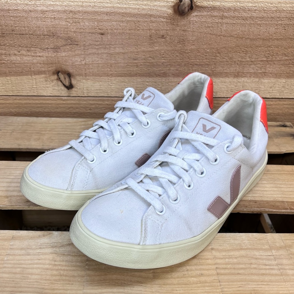 Veja White Sneakers with Pink Accent and Coral Heel - Picture 7 of 15